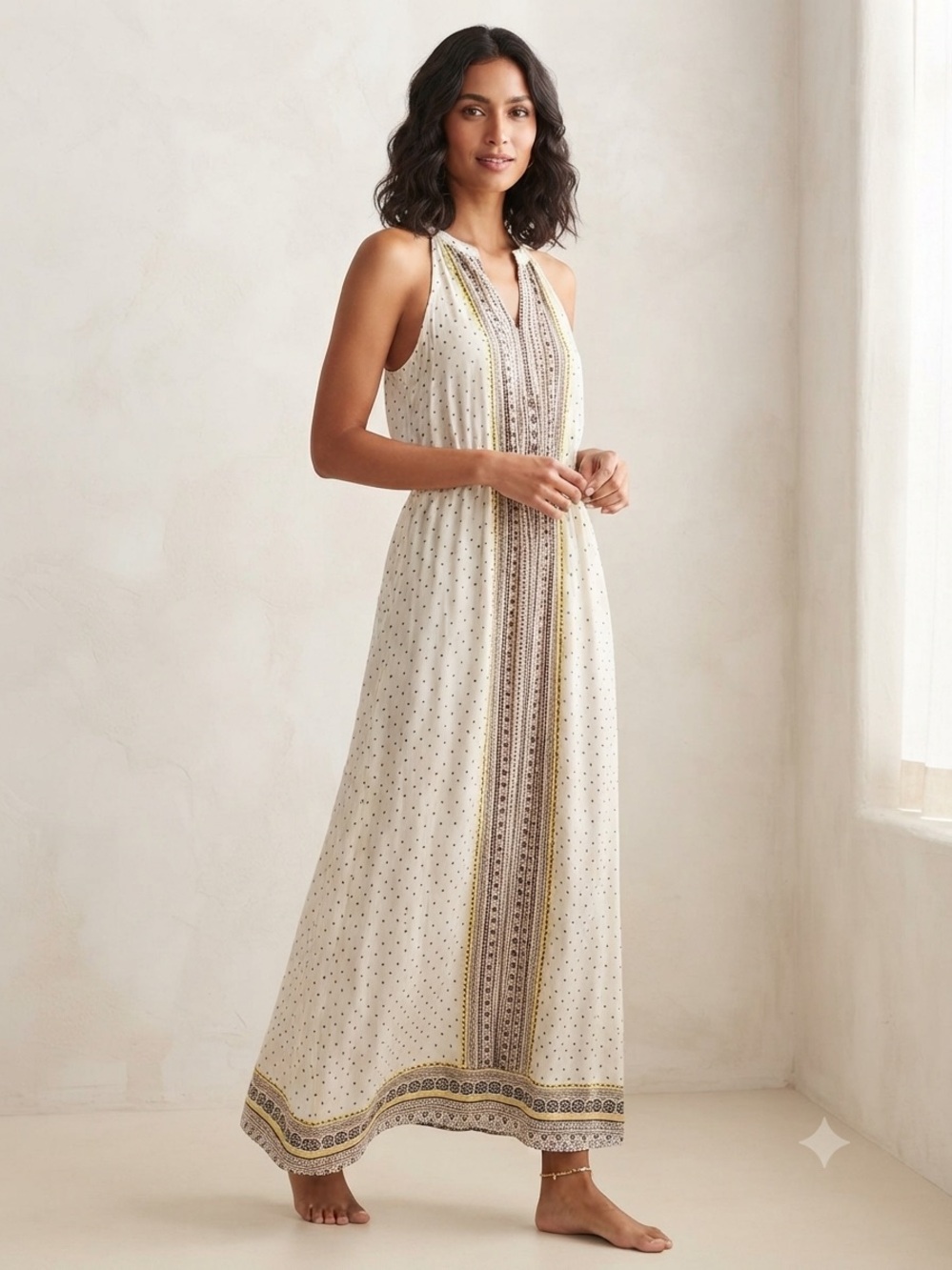 C Ivory Maxi Dress with Printed Border